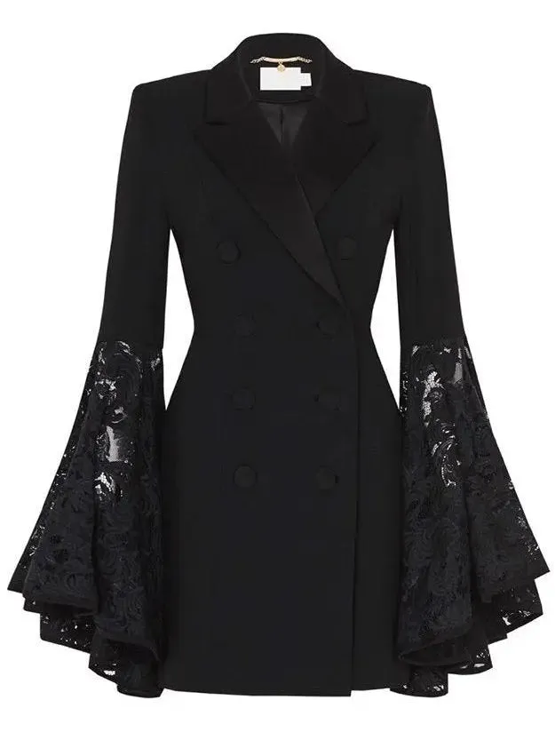 Women’s Black Double-Breasted Lace-Sleeve Blazer Dress